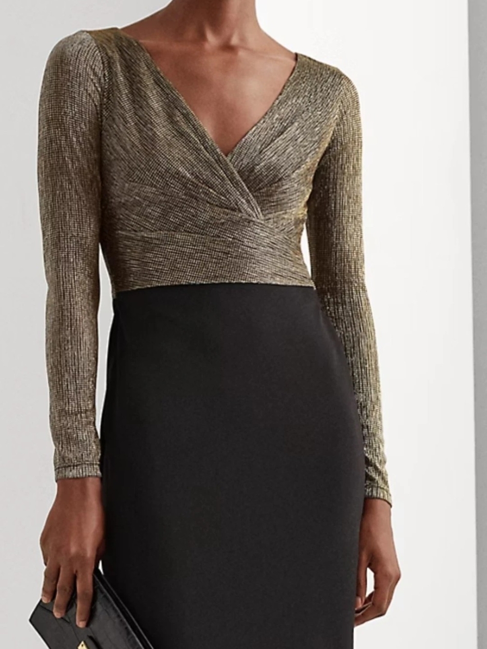 Ralph Lauren Metallic Gold Wrap Bodice Long-Sleeve Dress Size 8 Quiet Luxury